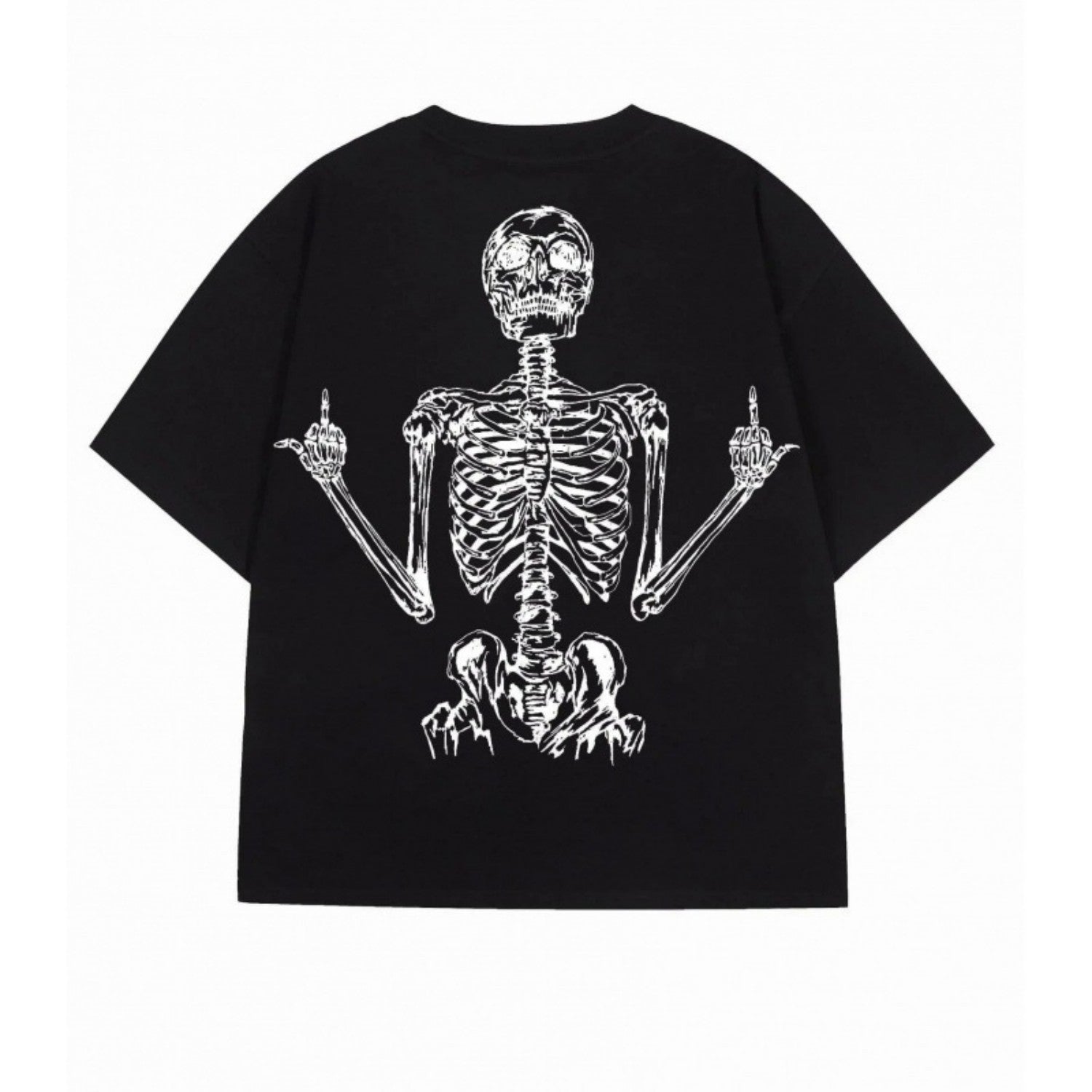 Oversized black cotton t-shirt with a white graphic of a skeleton giving the middle finger on the back.