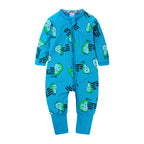 Blue cotton baby onesie with pear pattern and text "Pearfect just the way you are," featuring a full front zipper.