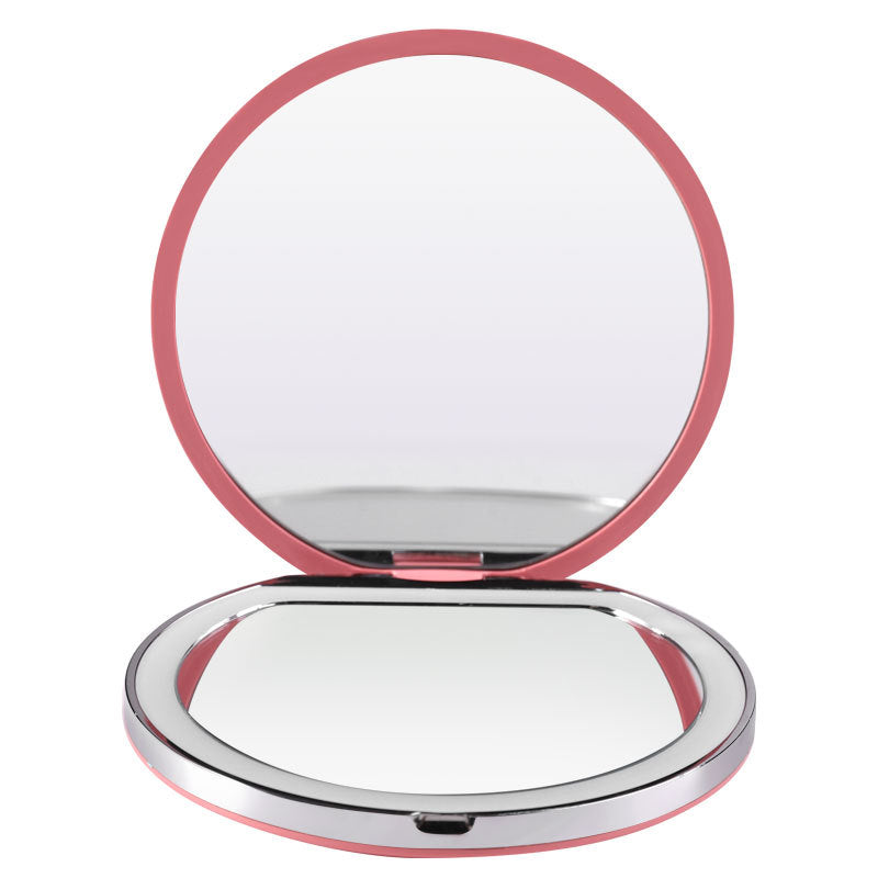 Digitaldistribution375 portable pink LED makeup mirror, open to reveal two mirrors with a sleek, compact design.