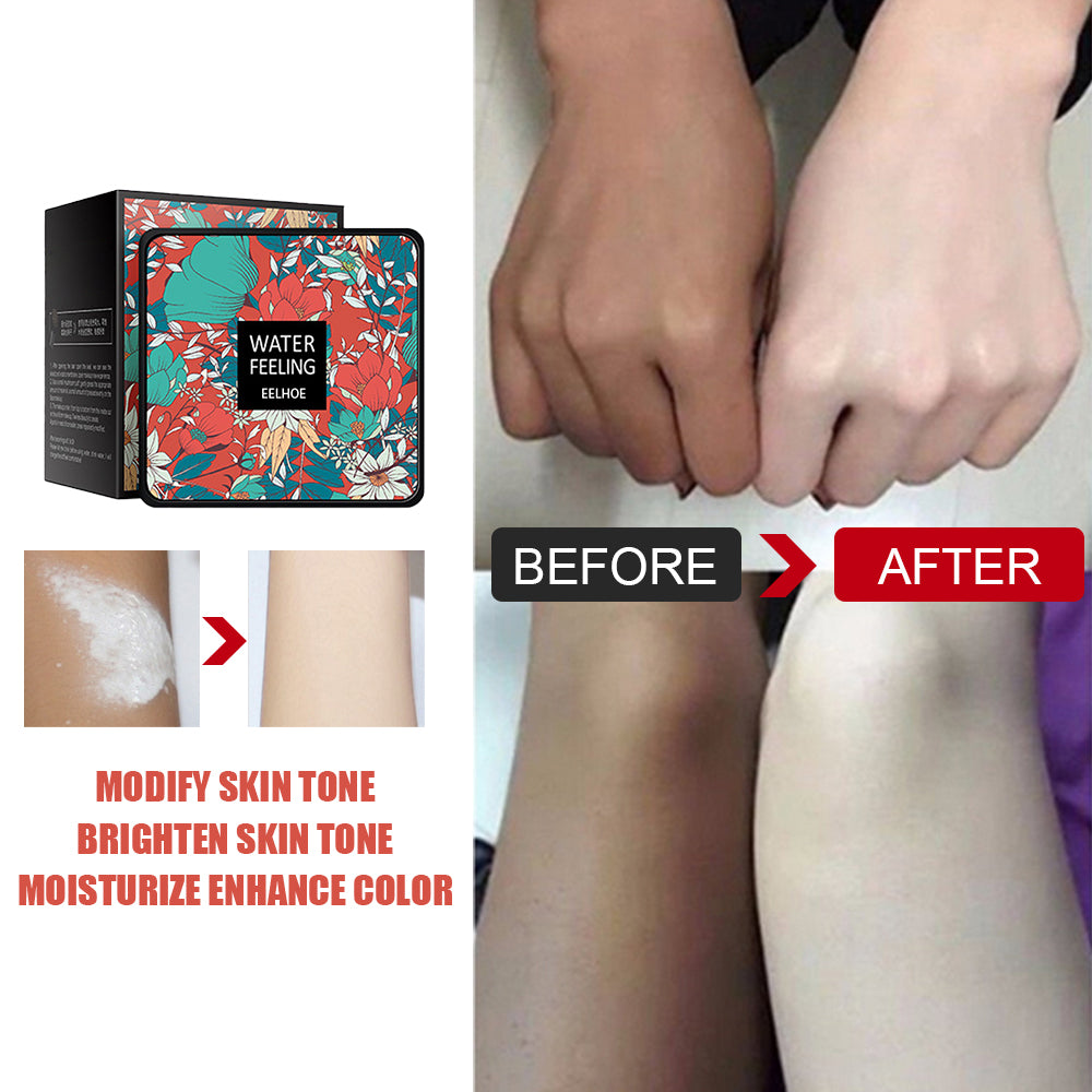 EELHOE floral BB cream cushion with before-and-after photos demonstrating skin brightening and coverage results.