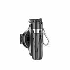 Black, compact 4-in-1 magnetic selfie camera handle with silver accents and a carabiner, shown on a white background.