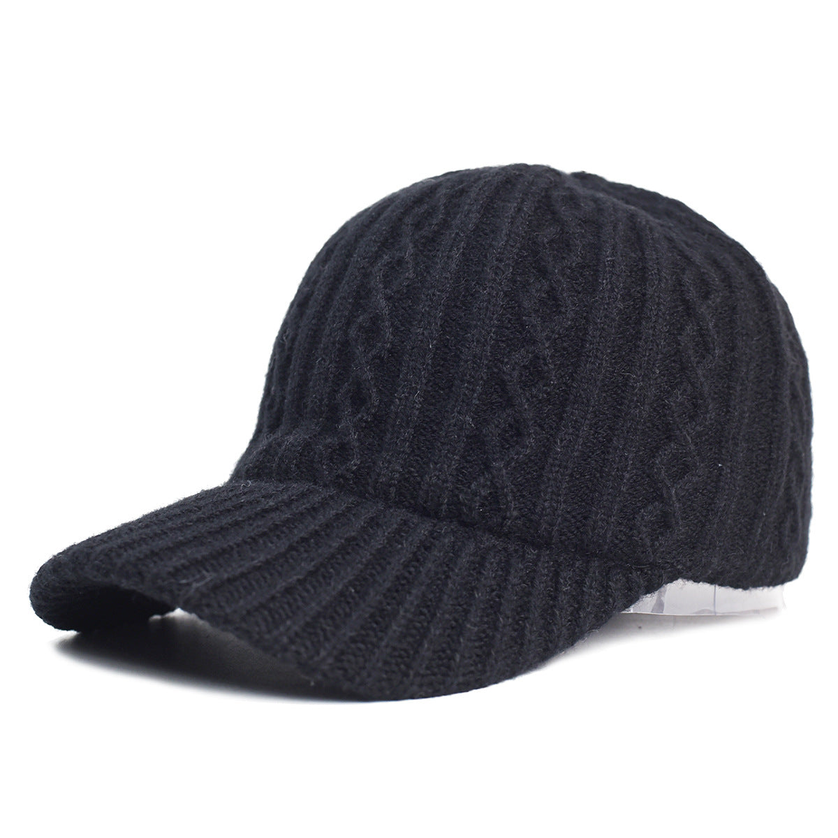 A black, cable-knit wool baseball cap featuring a ribbed brim and a cozy, textured design.