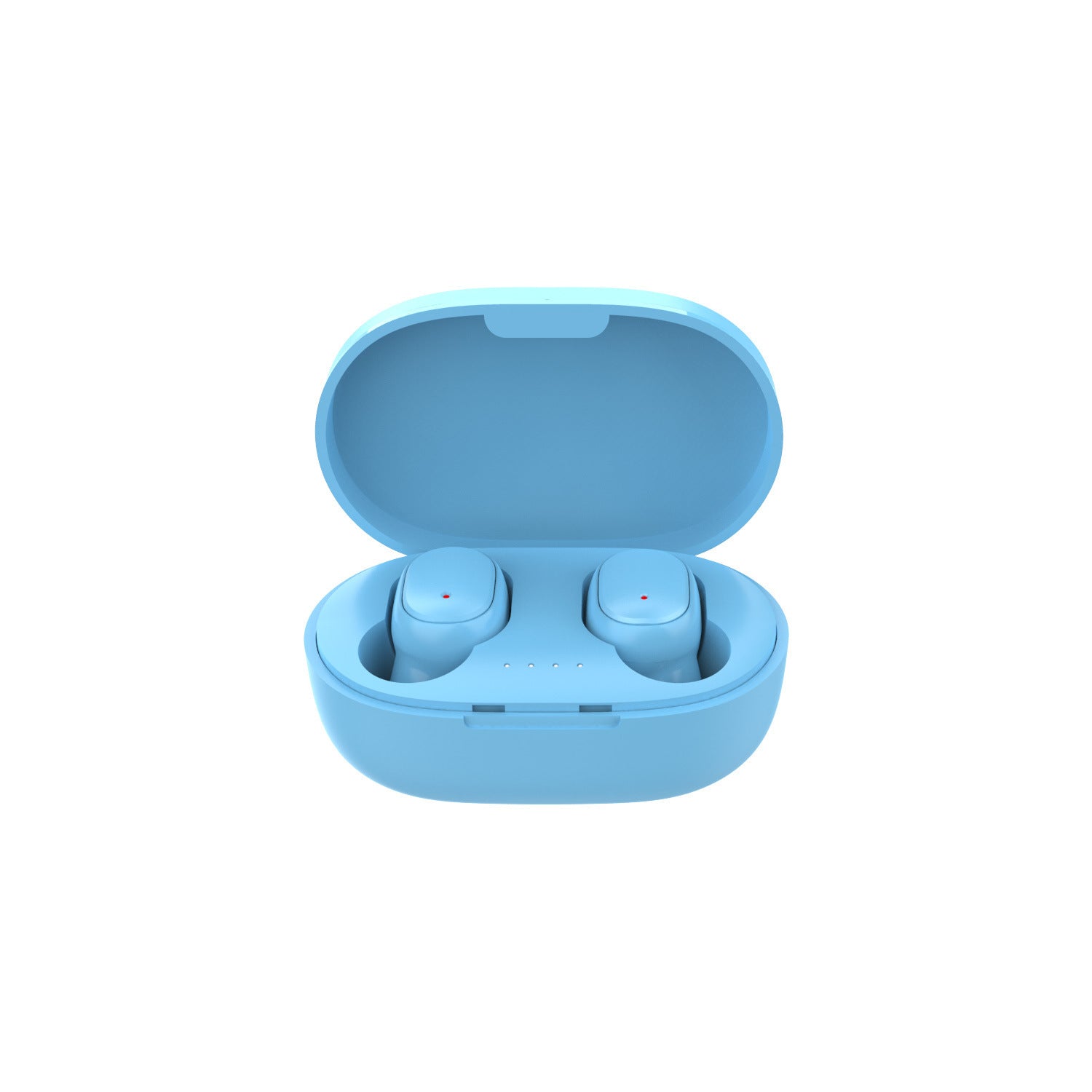 Light blue A6S wireless in-ear headphones in an open matching plastic charging case on a white background.