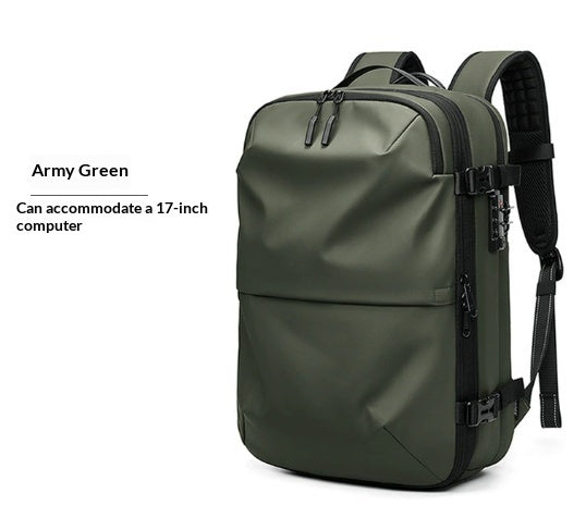 Army green minimalist travel backpack with locking zippers, side buckles, and space for a 17-inch laptop.