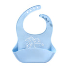 Light blue silicone baby bib with an elephant print and a large catch-all pocket, featuring an adjustable neck strap.
