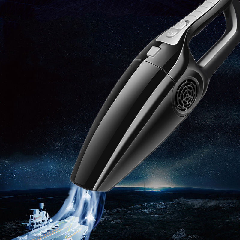 Sleek, black wireless handheld vacuum cleaner on a space background with abstract suction effects.