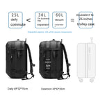 Black minimalist travel backpack showing capacity expansion from 25L to 60L with dimensions and anti-theft lock feature.