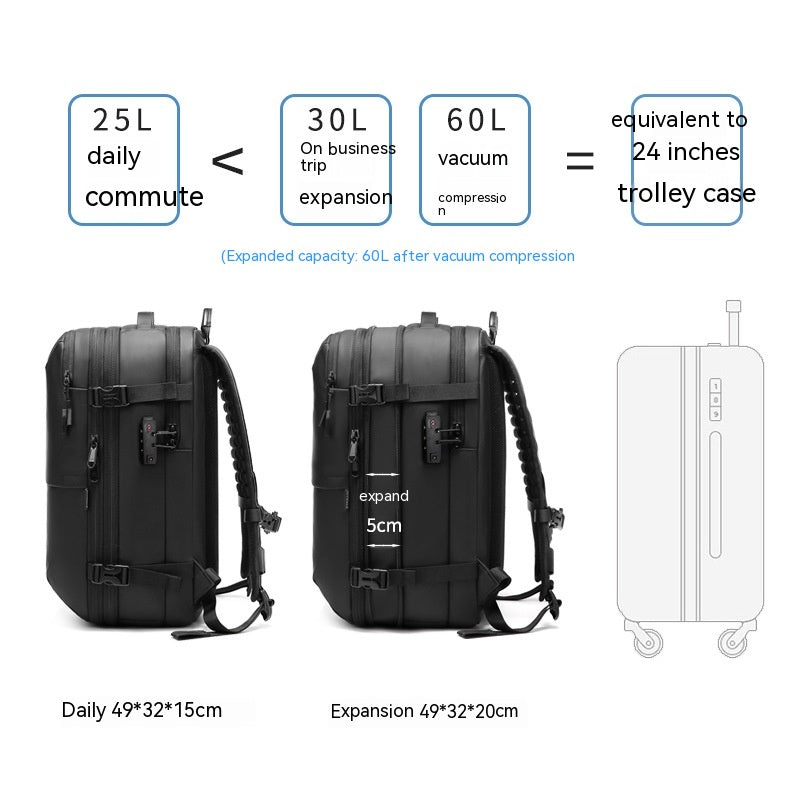 Black minimalist travel backpack showing capacity expansion from 25L to 60L with dimensions and anti-theft lock feature.