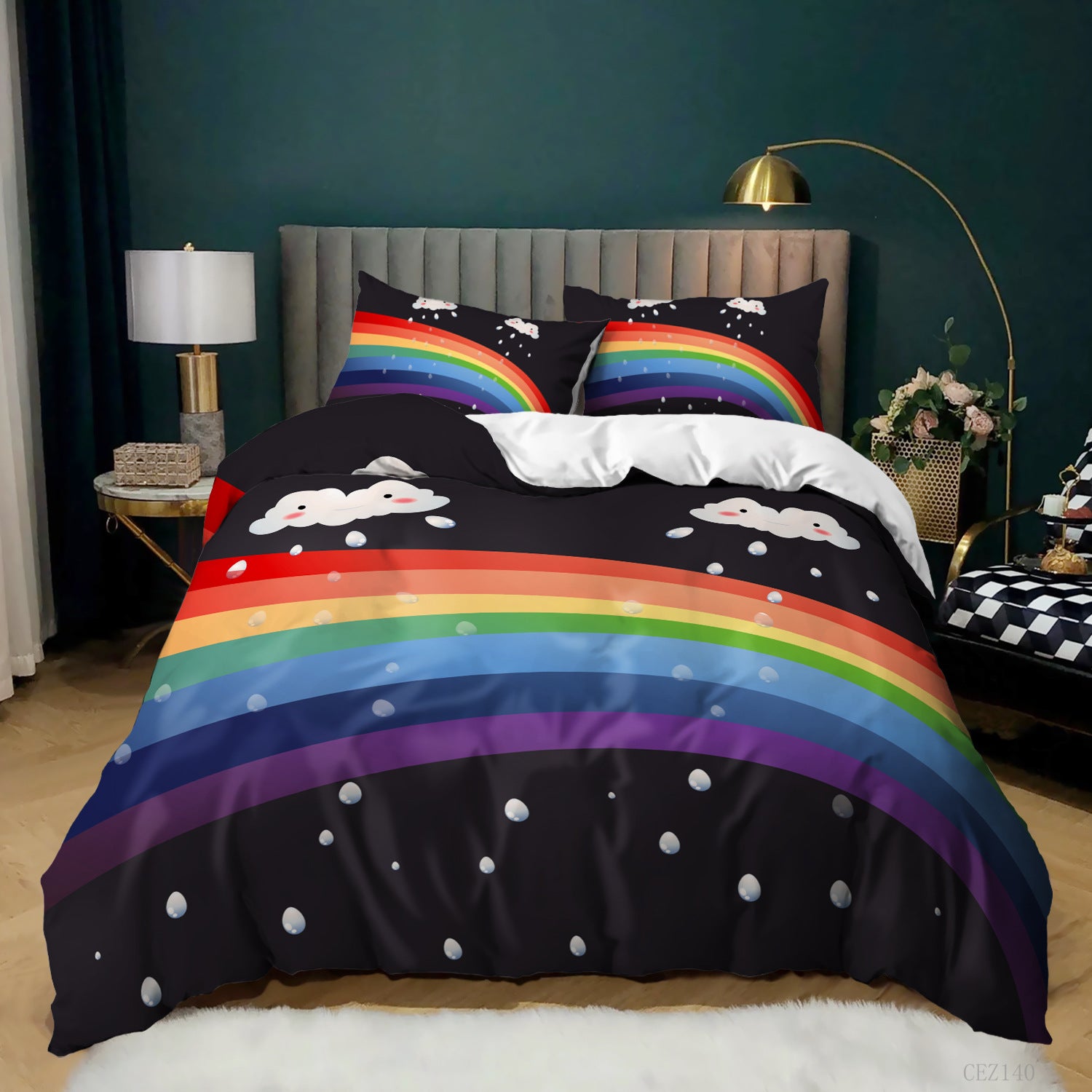 Three-piece bedding set with 3D print of rainbows, white clouds, and raindrops on a black background.