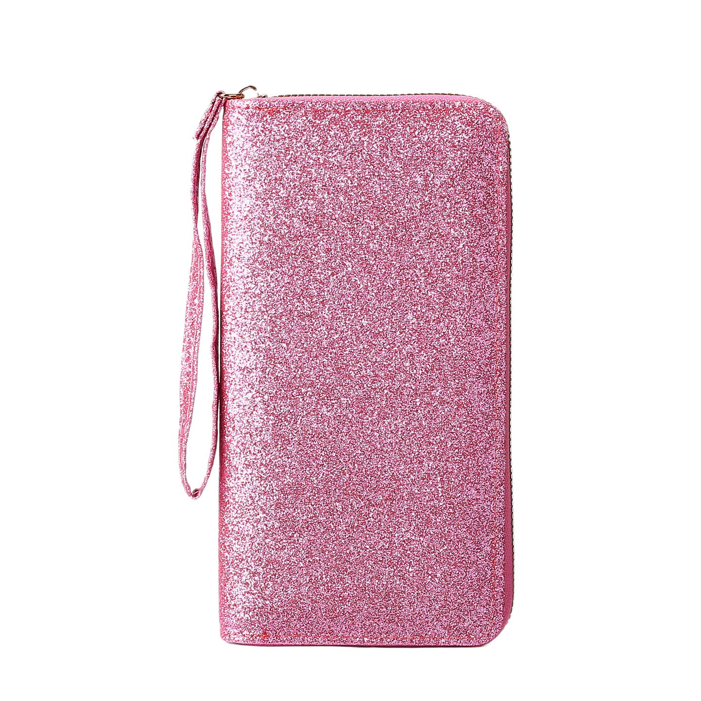 Pink glittery zip-around women's clutch wallet featuring a convenient matching wrist strap, isolated on white.