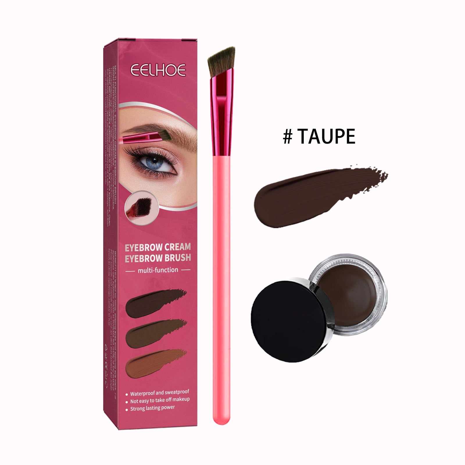 EELHOE eyebrow kit in Taupe, featuring a pink-handled angled brush, taupe cream pot, and branded pink packaging box.