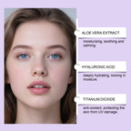 A woman with glowing skin, showcasing BB cream benefits: Aloe Vera, Hyaluronic Acid, and Titanium Dioxide ingredients.