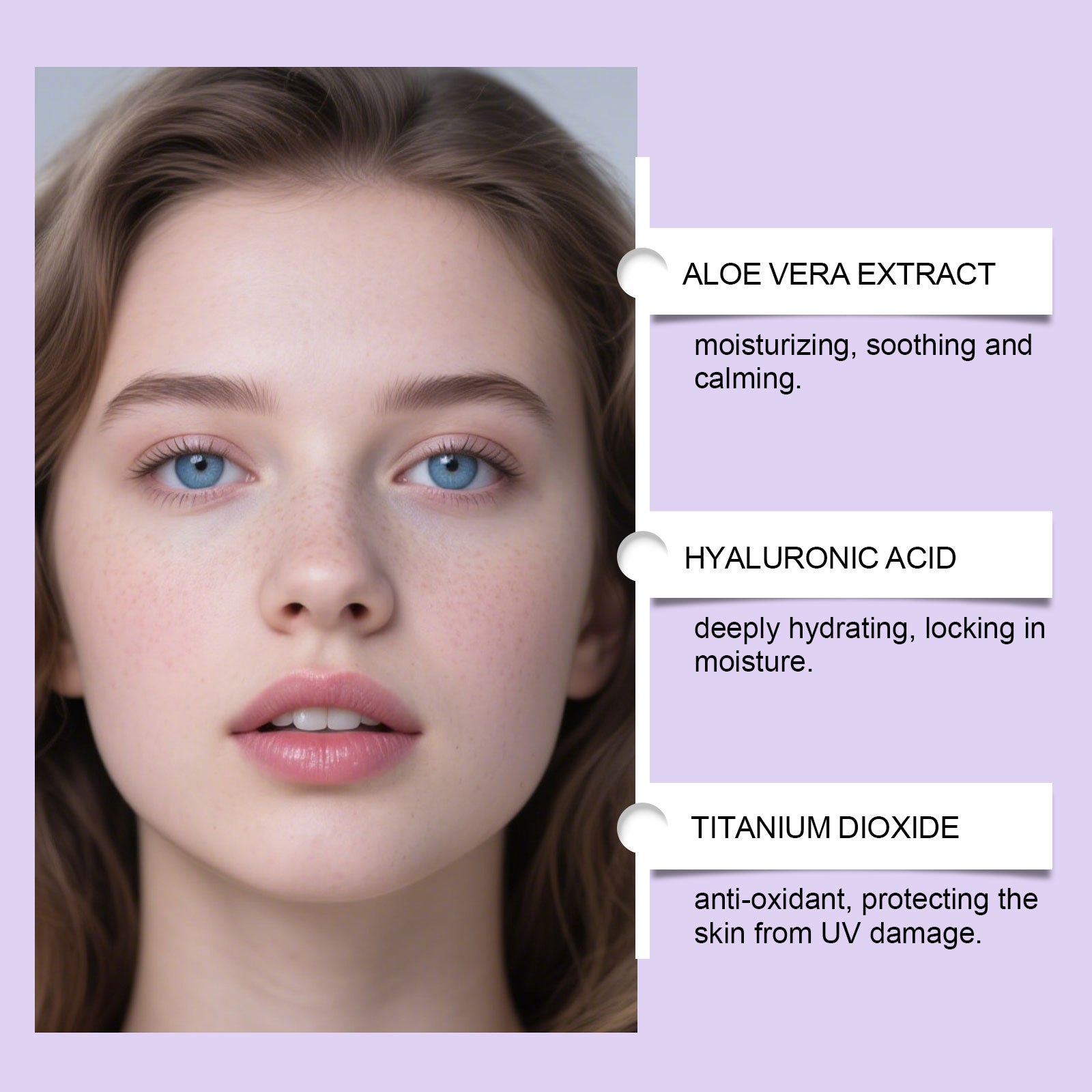 A woman with glowing skin, showcasing BB cream benefits: Aloe Vera, Hyaluronic Acid, and Titanium Dioxide ingredients.