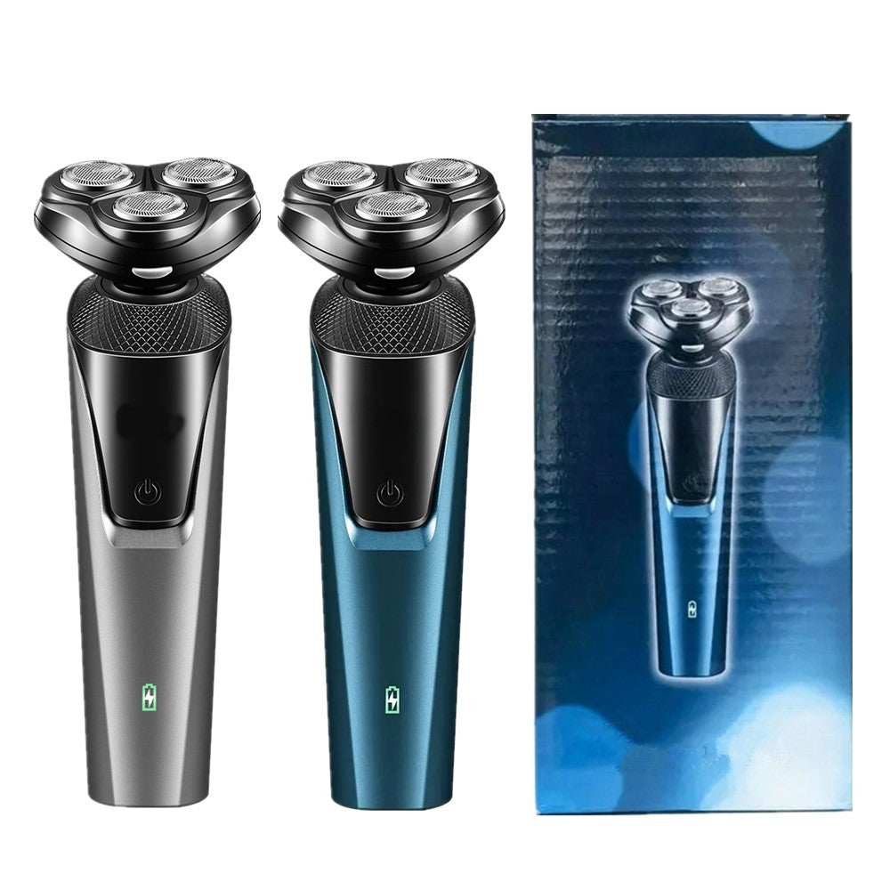 Two electric rotary shavers in grey and blue with triple heads, power buttons, and battery indicators next to a box.