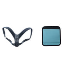 Black perforated posture corrector brace with back padding and a separate square teal and black fabric pad.