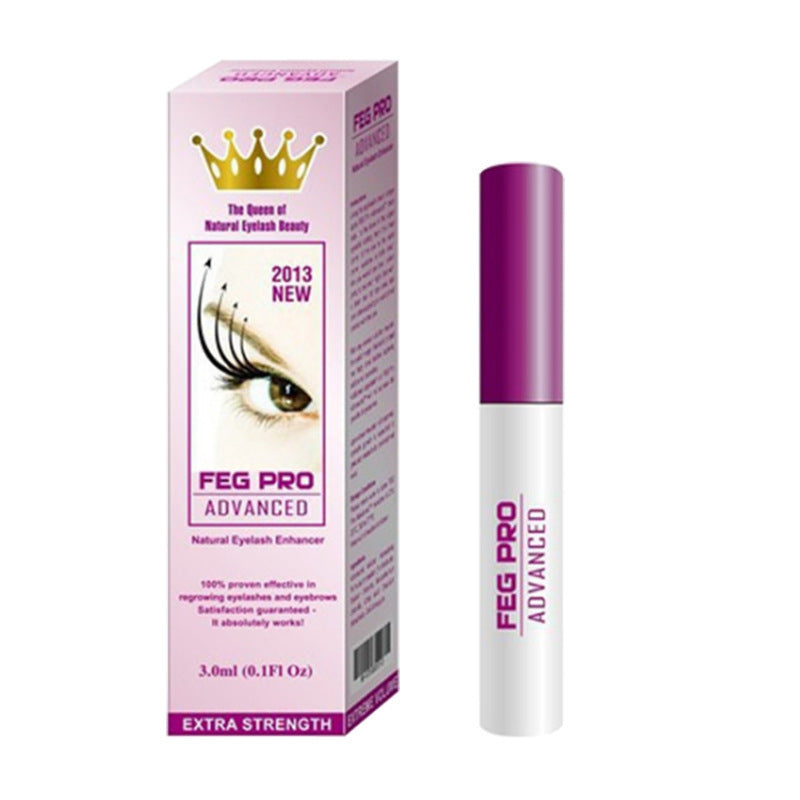 FEG PRO Advanced eyelash and eyebrow serum in a pink and white box next to a white tube with a purple cap.