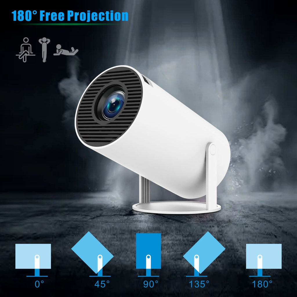 White HY300 Pro portable projector with black lens grille, mounted on a flexible 180-degree rotation stand.