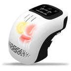 White and black electric knee massager with digital touch control panel and red/yellow glowing knee anatomy graphic.