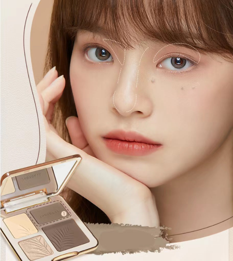 A woman demonstrates contour application using a four-shade matte highlight and contour palette with a gold frame.