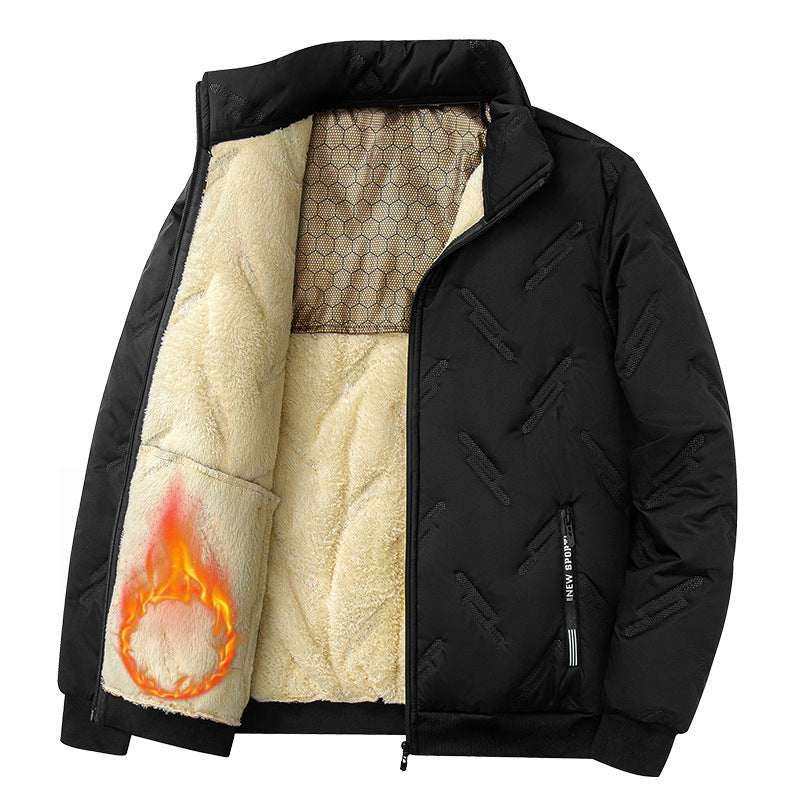 Black, textured men's winter jacket with a thick, beige fleece lining and a honeycomb pattern interior detail.