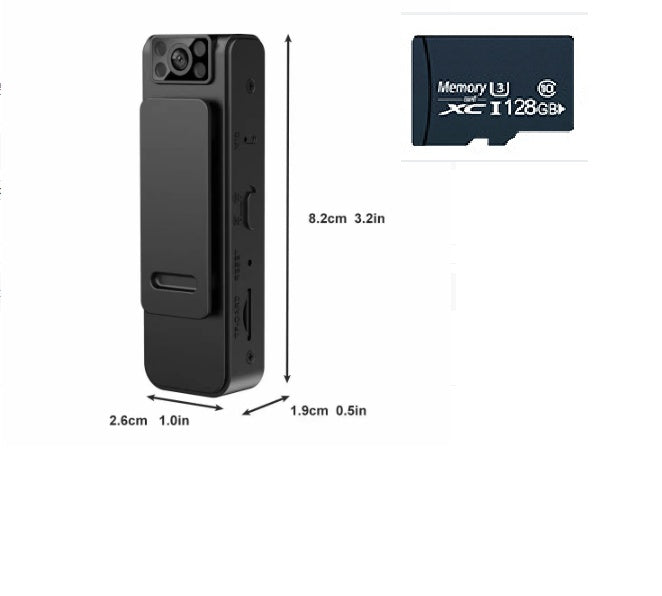 Black L8 portable magnetic backclip camera with dimensions and a 128GB memory card shown.