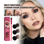 EELHOE eyebrow kit with a pink-handled brush, three brown cream pots, and before-and-after results on a model.