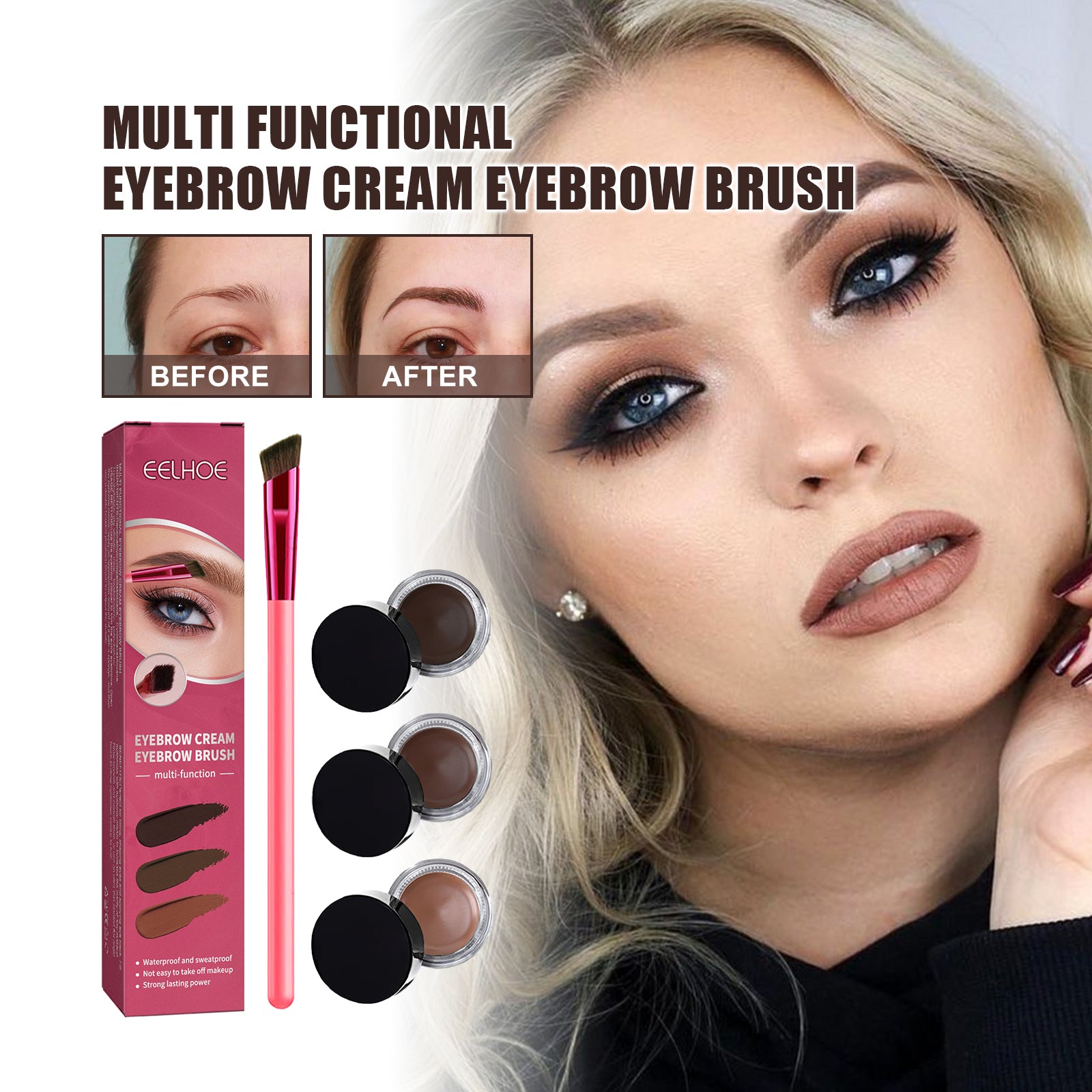 EELHOE eyebrow kit with a pink-handled brush, three brown cream pots, and before-and-after results on a model.