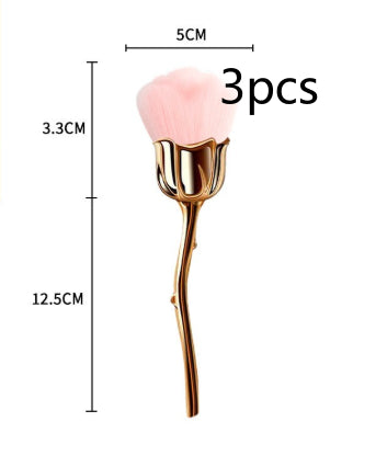 A 3-piece rose-shaped makeup brush with soft pink bristles and a metallic gold stem handle, showing size dimensions.