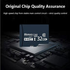 Dark blue 32GB microSD memory card with white text, featuring speed class 10 and UHS-I ratings, set on a circuit board.