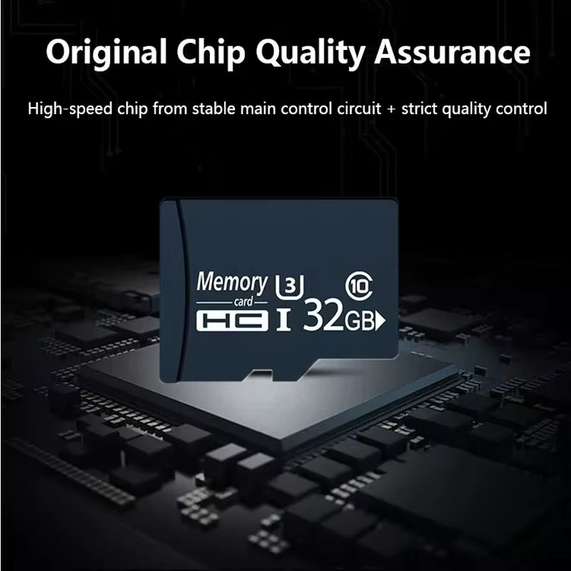 Dark blue 32GB microSD memory card with white text, featuring speed class 10 and UHS-I ratings, set on a circuit board.