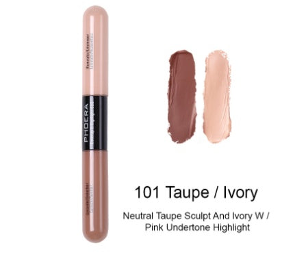 Phoera double-ended concealer pen in 101 Taupe/Ivory, featuring dual liquid ends for contouring and highlighting.