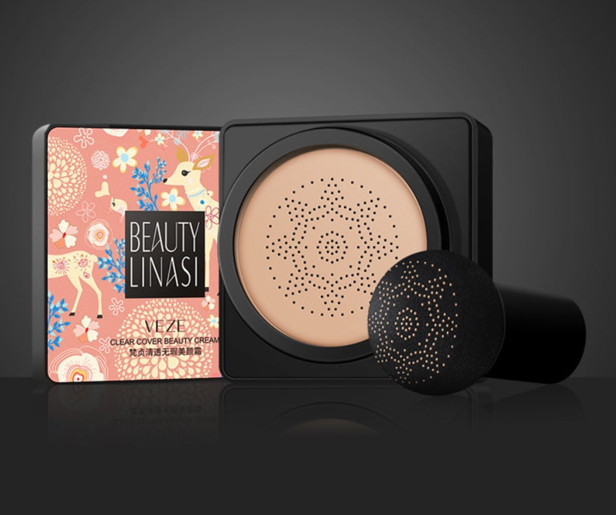 A Beauty Linasi air cushion BB cream with a patterned box and a black mushroom-head applicator on a grey background.