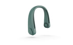 Matte dark green U-shaped wearable neck fan with side air vents and a power button on a white background.