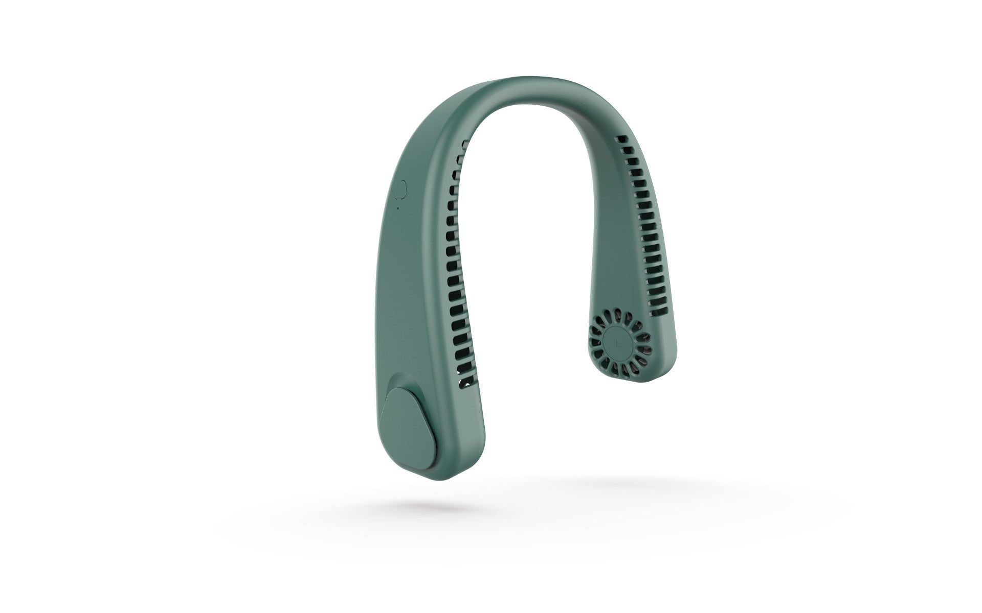 Matte dark green U-shaped wearable neck fan with side air vents and a power button on a white background.