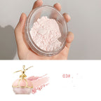 Hand holding open Maco Andy setting powder jar with pink powder, plus a ballet-themed container image, shade 03#.
