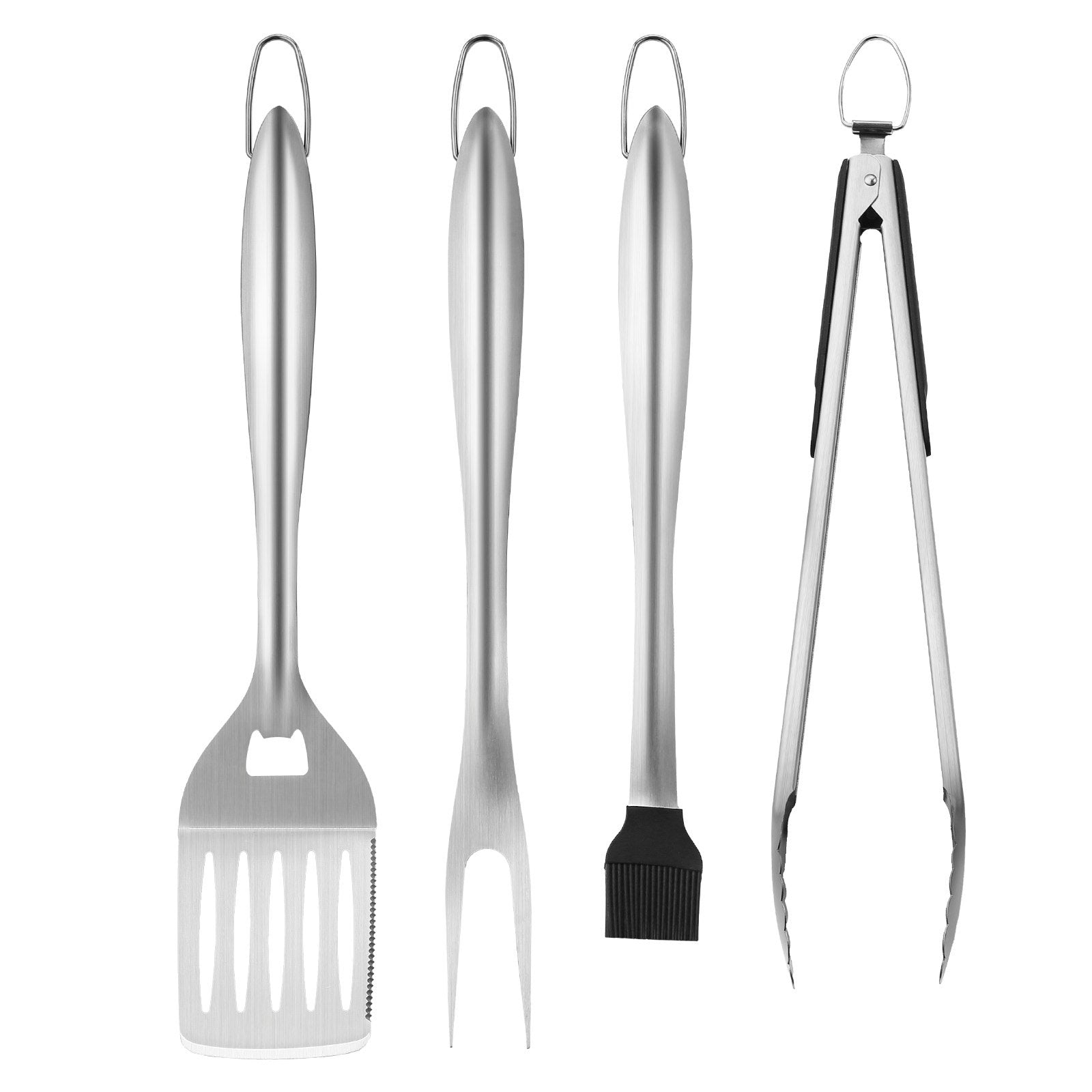 Four-piece stainless steel BBQ tool set featuring a spatula, fork, silicone basting brush, and tongs with hanging loops.