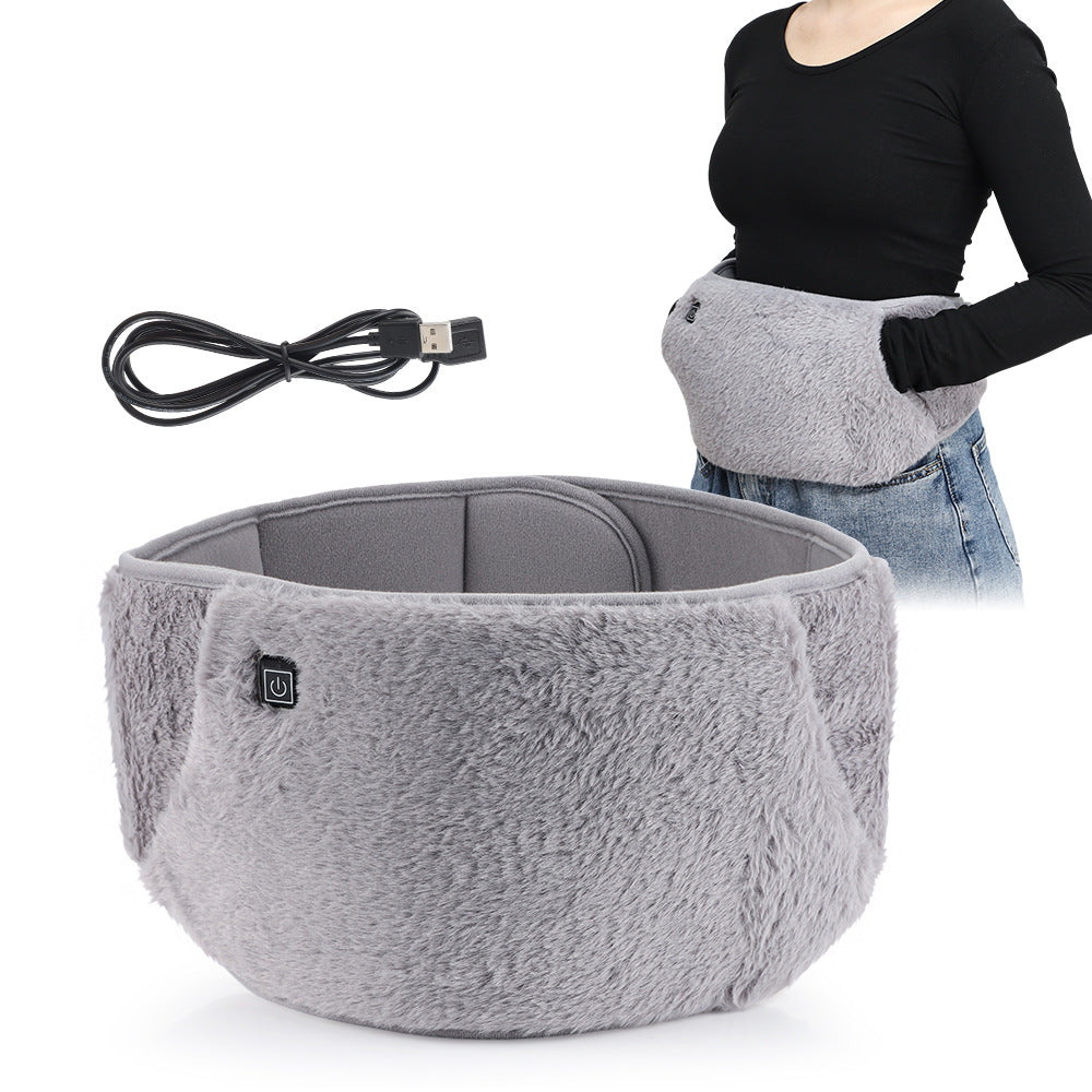 Grey plush electric stomach heating belt with USB cord, featuring a 3-step thermostat button for warmth.