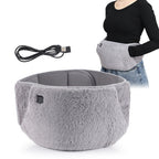 Grey plush electric stomach heating belt with USB cord, featuring a 3-step thermostat button for warmth.