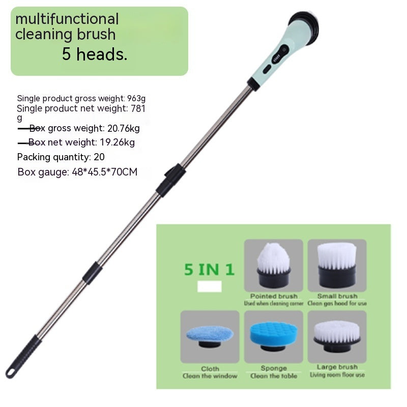 Retractable electric cleaning brush with light green handle, metal pole, and five interchangeable scrubbing heads.
