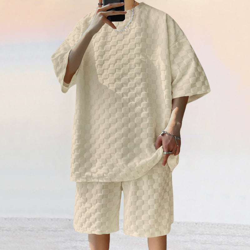 Beige, loose-fit short-sleeve shirt and shorts set in a textured, tonal jacquard plaid fabric.
