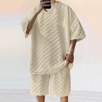 Beige, loose-fit short-sleeve shirt and shorts set in a textured, tonal jacquard plaid fabric.