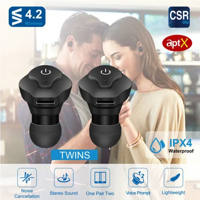 Black wireless IPX4 waterproof in-ear stereo headphones with power buttons, featured against a blurred couple background.
