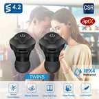 Black wireless IPX4 waterproof in-ear stereo headphones with power buttons, featured against a blurred couple background.