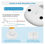 White electric mug warmer with gravity-sensing button, heat chart, and auto-shutoff feature.