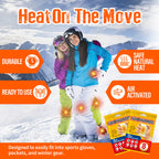 Two skiers in snow gear; product packaging for air-activated hand warmers with icons for heat, durability, and use.