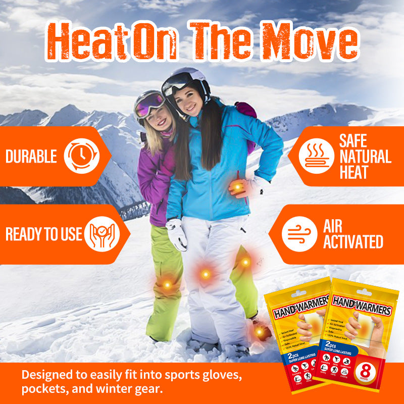 Two skiers in snow gear; product packaging for air-activated hand warmers with icons for heat, durability, and use.