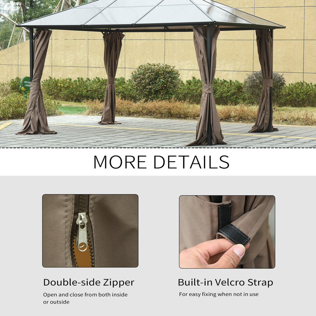 Brown gazebo sidewalls with hooks, double-sided zippers, and Velcro straps for easy attachment and storage.