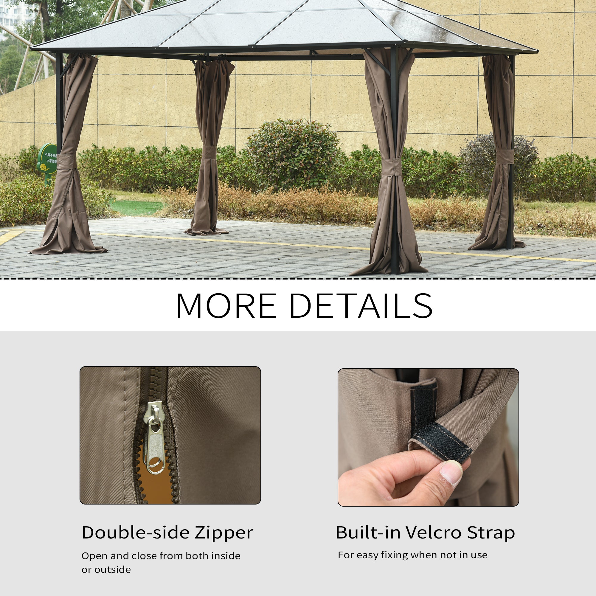 Brown gazebo sidewalls with hooks, double-sided zippers, and Velcro straps for easy attachment and storage.