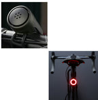 Matte black, circular USB bicycle taillight with a rubber mount, showing a bright red LED ring glowing on a bike post.
