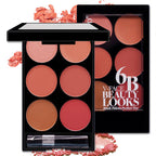 Digitaldistribution375 six-color blush palette in black case with applicator brush, featuring matte pink to brown shades.